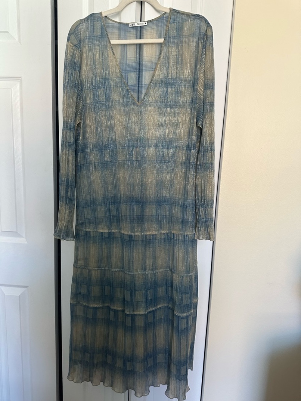 Zara Blue and Gold Plaid Long Sleeve Tiered Midi Dress